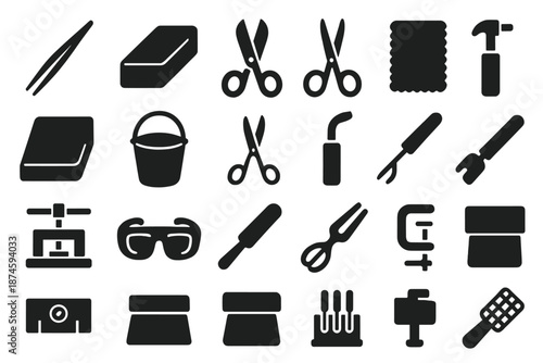 Artisan Tools Icons. Solid style icons of Artisan Tools Set: metal tweezers, shaping block, cutting shear, blowpipe handle,