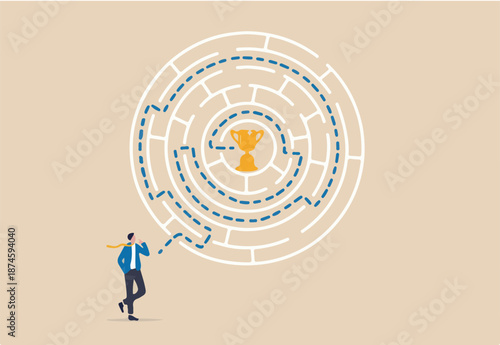 Workaround or solution to bypass problem or difficulty, creativity to overcome obstacle or solving business problem, avoiding path concept, businessman genius draw workaround line to solve labyrinth