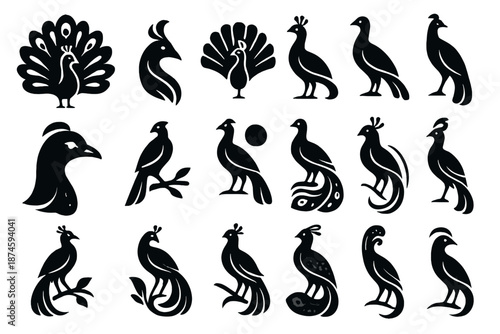 Exotic Bird Icons. Solid style icons of Exotic Bird Display: spreading tail, wing tip, curved crest, open fan, beak curve, neck