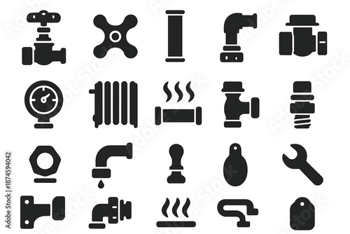 Vintage Radiator Components. Solid style icons of Vintage Radiator Valve: brass valve, turning knob, steam pipe, iron joint,