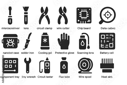 Cybernetic Tool Icons. Solid style icons of Cybernetic Maintenance Tools: micro screwdriver, lens brush, circuit clamp, wire