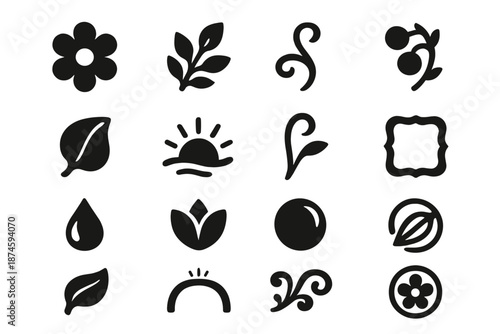 Botanical Glass Icons. Solid style icons of Botanical Glass Motif: flower bloom, leaf pattern, vine curve, berry cluster, petal