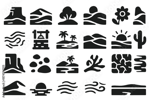 Desert Landscape Icons. Solid style icons of Desert Landscape: rocky plateau, sand valley, sparse bush, wind dune, desert flower,