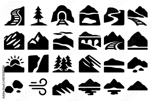 Mountain Railway Icons. Solid style icons of Mountain Railway Landscape: cliff edge, pine silhouette, tunnel mouth, snow patch,