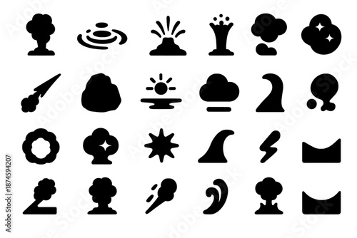 Time-Lapse Icon Set. Solid style icons of Time-Lapse Phenomenon: rising plume, ripple wave, spray arc, expanding column, light