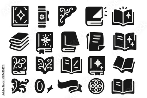 Fantasy Book Icons. Solid style icons of Fantasy Book Elements: gilded cover, embossed spine, decorative corner, glowing edge,