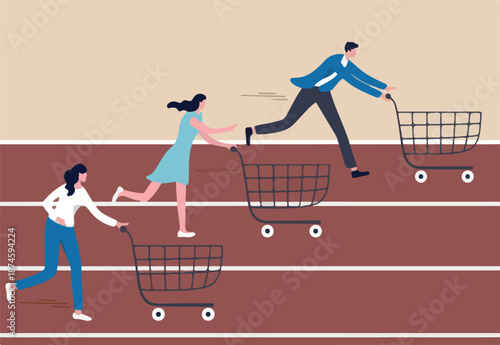 High demand products, sale season e-commerce discount website or marketing campaign drawing customers to buy product concept, consumer people with shopping cart compete in running race tracks.