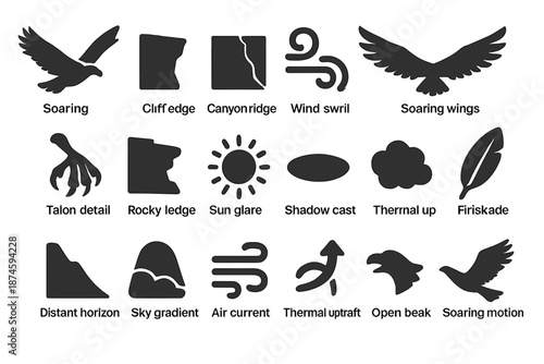 Canyon Vulture Soaring. Solid style icons of Canyon Vulture Sky: soaring vulture, cliff edge, canyon ridge, wind swirl, soaring