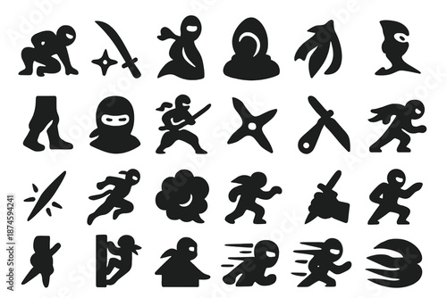 Ninja Icon Set. Solid style icons of Ninja Shadow: crouching ninja, curved sword, throwing star, hooded figure, flowing sash,