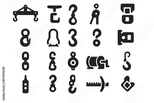 Container Tool Icons. Solid style icons of Container Handling Tools: spreader bar, hook clamp, hoist lever, crane trolley, pulley