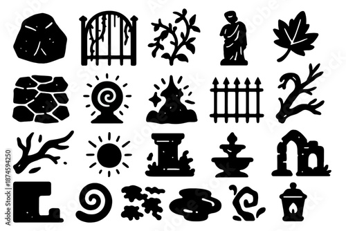 Ancient Garden Icons. Solid style icons of Oracle Rust Garden: ancient stone, rusted gate, overgrown vine, moss patch, cracked