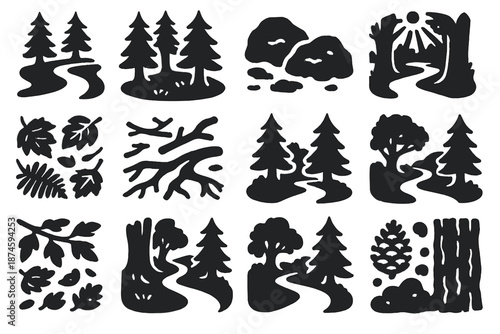 Forest Path Icons. Solid style icons of Forest Path Discovery: winding forest path, tall trees, moss-covered stones, dappled