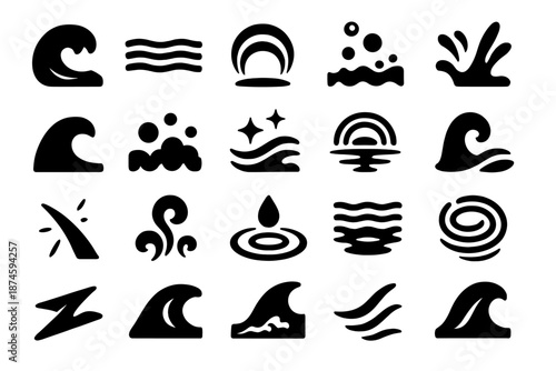 Water Iconography. Solid style icons of Water and Tide Effects: wave crest, flowing current, ripple arc, bubble line, soft spray,