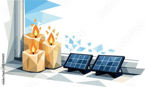 Solar-Powered Candles. Low-poly vector illustration focused on renewable electric candles with solar cells charging by a window,