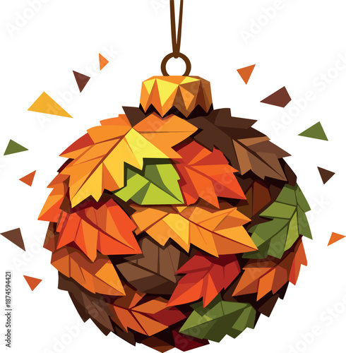 Eco-Friendly Leaf Ornament. Low-poly vector illustration focused on a natural New Year bauble made of compressed fallen leaves and