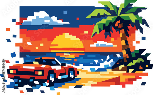 Retro Pixel Postcard. Low-poly vector illustration focused on a retro pixel-art style animated GIF postcard from the 1990s,