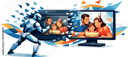 AI Video Enhancement. Low-poly vector illustration focused on an AI editor improving the quality of a scanned family celebration