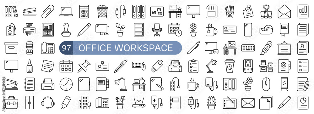 Fototapeta premium Office Workspace Essentials Icon Set Outline Style