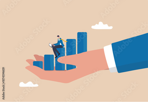 Business growth or improvement, growing career or financial earning chart, investment profit, income or rising revenue concept, smart businessman working with computer on growth graph in giant hand