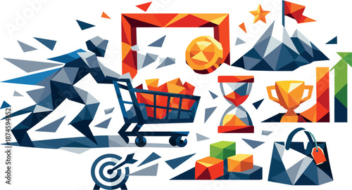 Gamified Shopping Experience. Low-poly vector illustration focused on a challenge-based shopping experience promoting conscious