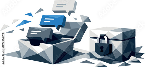 Geometric Chat Storage. Low-poly vector illustration focused on digital chat archiving and conversation storage, polygonal