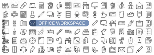 Office Workspace Essentials Icon Set Outline Style