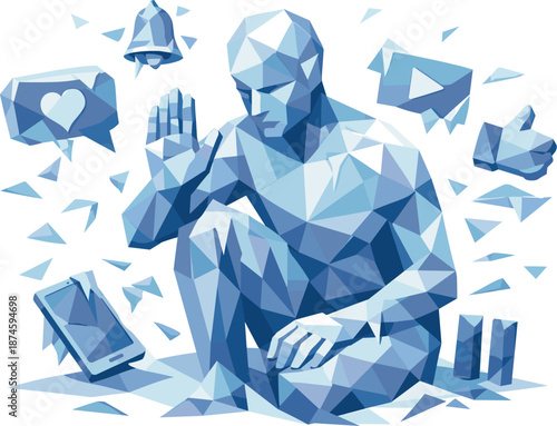Polygonal Silence Freeze. Low-poly vector illustration focused on intentionally freezing social media activity, faceted polygonal