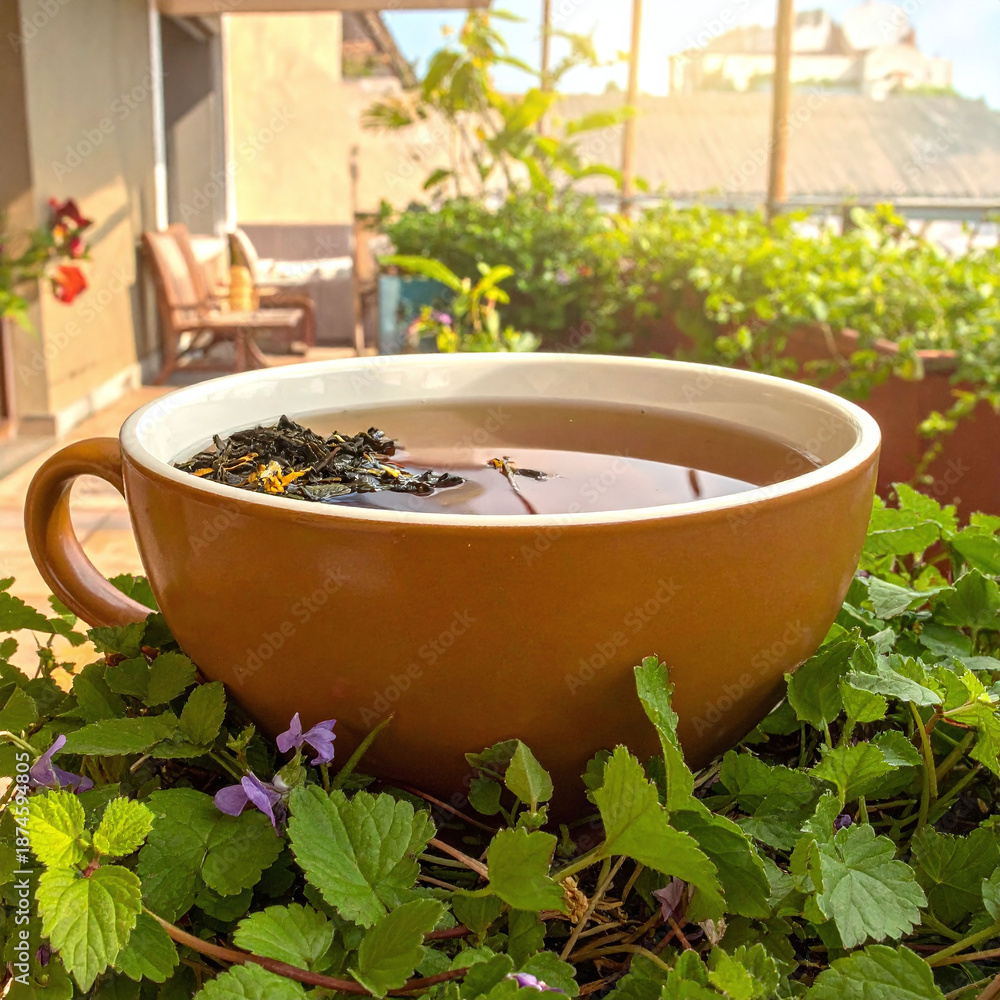 Fototapeta premium Enjoy a serene moment with this aromatic cup of tea set in a lush garden terrace. A beautiful metaphor for wellness, selfcare, and natural healing in a bright, outdoor setting.