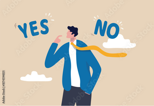Business decision making, choose yes or no alternative or choices, leadership to direct business to succeed concept, rational businessman thinking and make decision for business or career question.
