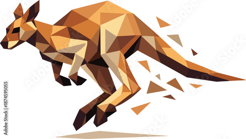 Dynamic Geometric Kangaroo. Low-poly vector illustration focused on a kangaroo rendered in geometric low-poly style, faceted