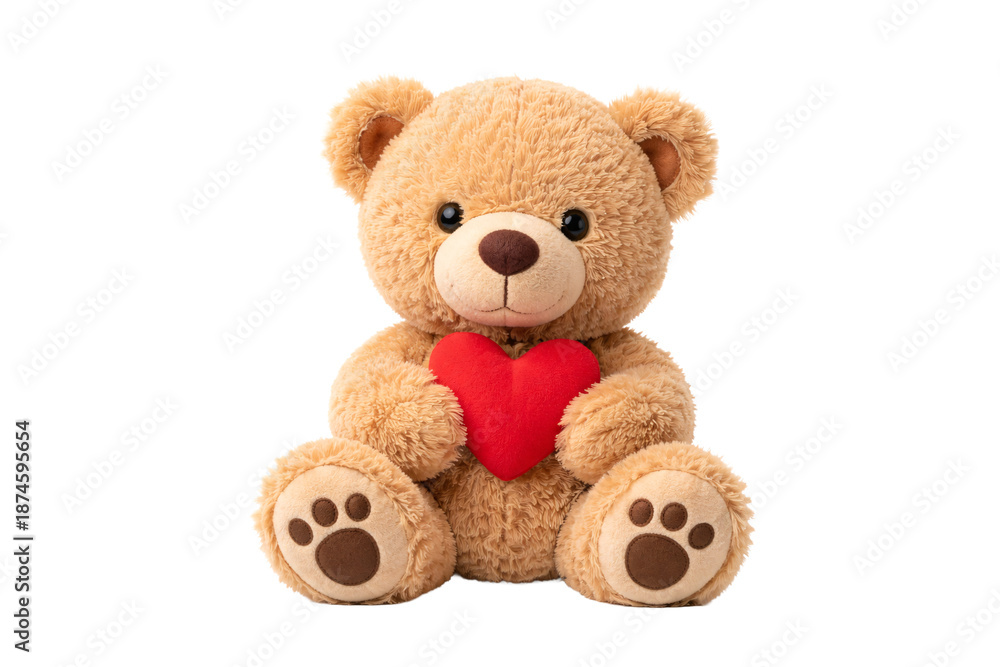 Obraz premium Soft teddy bear with heart symbol on transparent background. Romantic present. Valentine’s Day theme.