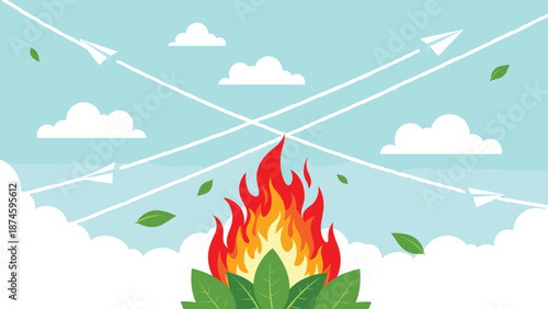 Large fire burning on a pile of green leaves against a light blue sky with clouds and paper planes to illustrate environmental hazards.