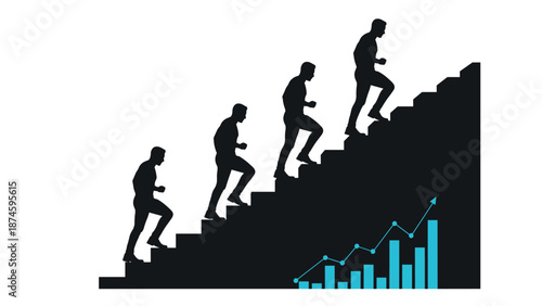 Dark silhouettes of men climbing a giant staircase towards success with a blue growth bar chart and line graph in the foreground area.