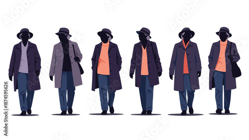 Set of six silhouettes of a woman wearing a hat and long coat walking in a row to show different fashion styles and movement on white background.