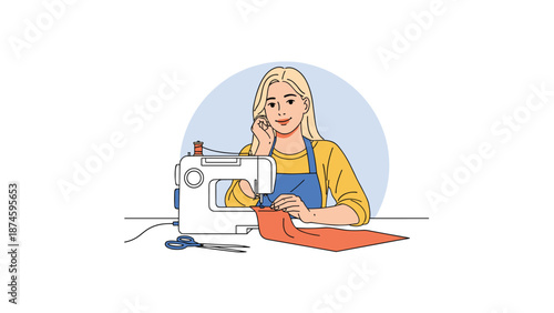 Smiling young woman working on a modern sewing machine with orange fabric to create handmade clothing for her hobby or small business.