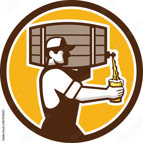 Bartender Carrying Keg Pouring Beer Circle Retro