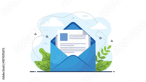 Blue envelope opened to reveal a white document inside surrounded by green leaves and decorative dots in a clean flat vector illustration.