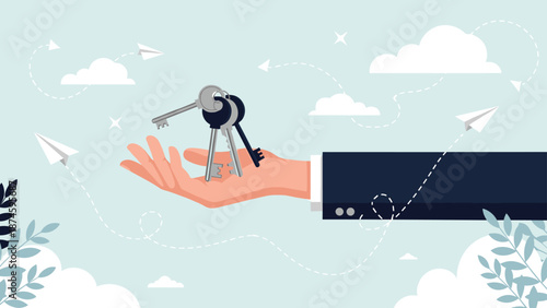 Hand in a business suit sleeve holding a set of keys against a light blue sky background with clouds and flying paper planes for real estate.