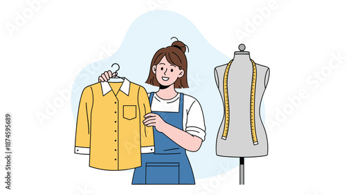 Young female fashion designer holding a yellow shirt on a hanger next to a dressmaker mannequin with a measuring tape in a creative studio.