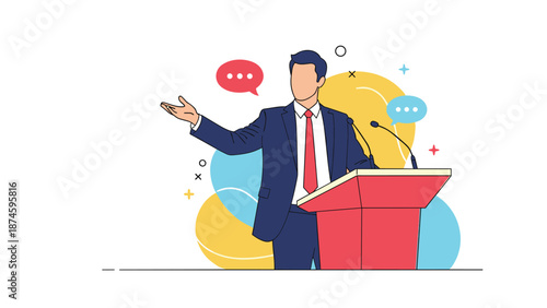 Professional businessman delivering an influential speech at a podium with microphones and abstract speech bubbles.