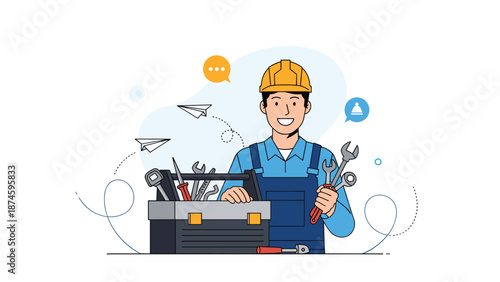 Cheerful professional handyman in a hard hat holding a wrench while standing next to a toolbox full of equipment.
