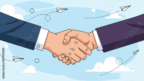 Close up of professional business hands shaking against a clear blue sky background with clouds and paper planes.