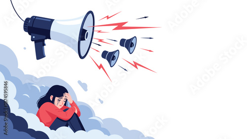 Distressed woman crying in a dark cloud of sadness while loud megaphones blast intense sound waves at her from above.