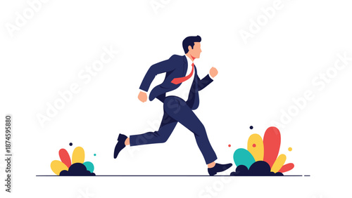 Determined businessman in a formal suit running fast through abstract colorful vegetation on a white background.