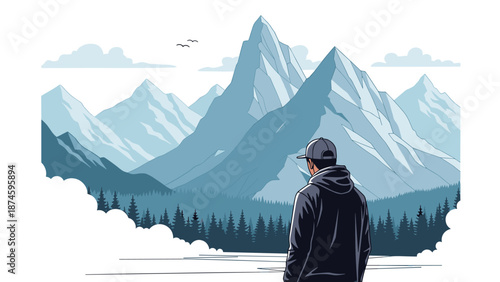 Man from behind looking out at a vast landscape of evergreen forests and snow covered mountain ranges at dawn.