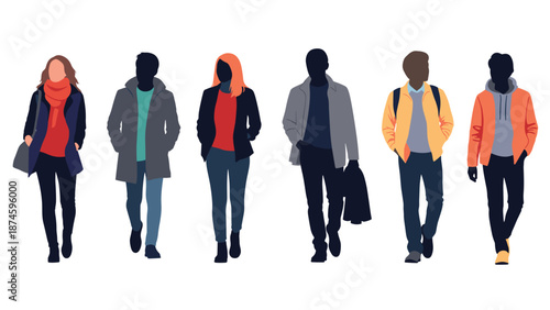 Group of diverse people standing in a line wearing various casual autumn outfits like jackets coats and warm sweaters.