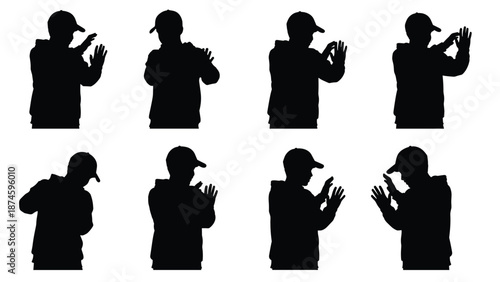 Sequence of silhouettes showing a person wearing a cap and hoodie performing a specific movement or exercise.