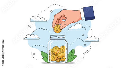 Close up of a giant hand putting a gold coin into a glass jar filled with money savings for future goals.