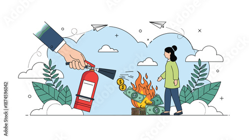 Large hand using a fire extinguisher to put out a fire burning money bills and coins on a white background.