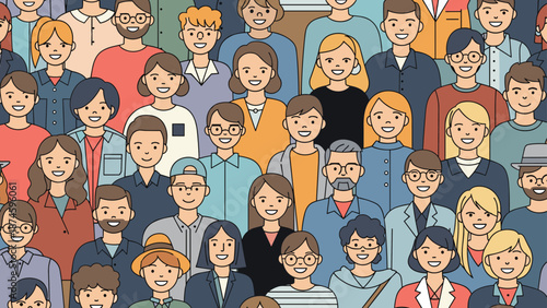 Seamless pattern of various happy diverse people faces looking forward representing a large community or crowd.